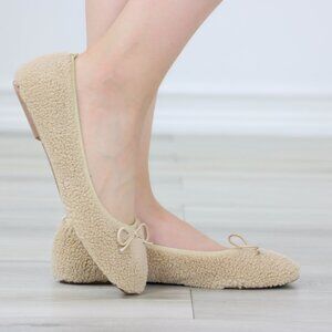 Beige Sherpa Upper Ballet Flats Bow Cozy Slip On